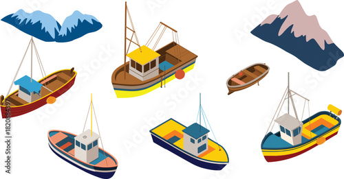 “Colorful fishing boats with wooden rowboat and mountain landscape illustration set, marine nautical vector collection featuring coastal vessels and outdoor scenery”