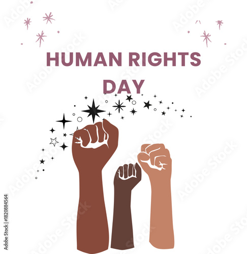 vector design for Human Rights Day, featuring a raised fist, a protest sign, and a megaphone with floral accents.