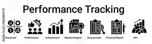 Performance Tracking banner web icon vector illustration concept for business with icon of Scorecard, Performance, Achievement, Report Analysis, Assessment, Financial Report, Key Performance.