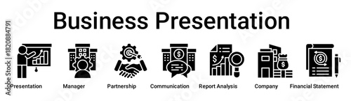 Business Presentation banner web icon vector illustration concept for business with icon of Presentation, Manager, Partnership, Corporate Communication, Report Analysis, Company, Financial.