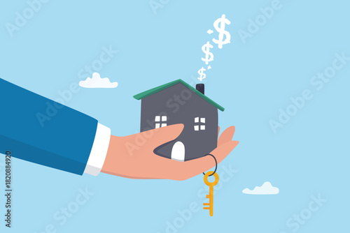 Landlord housing owner, property or real estate rental investment, residential tenant, home loan mortgage or buying real estate concept, businessman hand holding house and key with money profit.