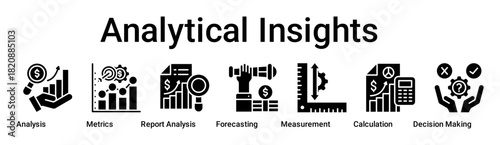 Analytical Insights banner web icon vector illustration concept for business with icon of Analysis, Metrics, Report Analysis, Forecasting, Measurement, Calculation, Decision.
