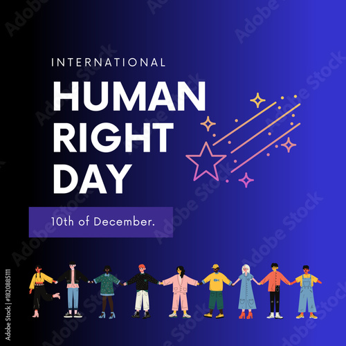 vector design for Human Rights Day, featuring a raised fist, a protest sign, and a megaphone with floral accents.