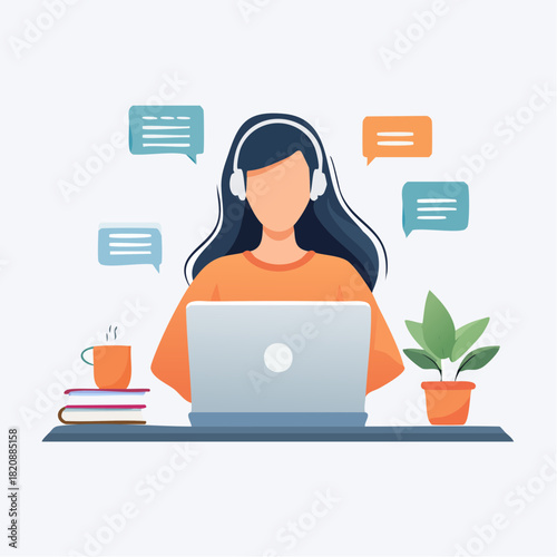 Girl in headphones attends online class on laptop with plant and coffee