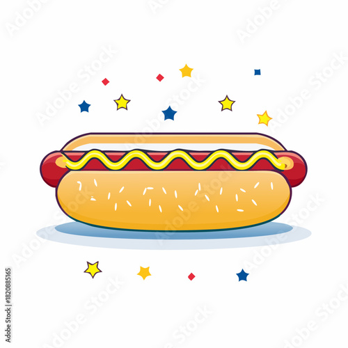 Cartoon hotdog with Mustard, on White Background with Stars