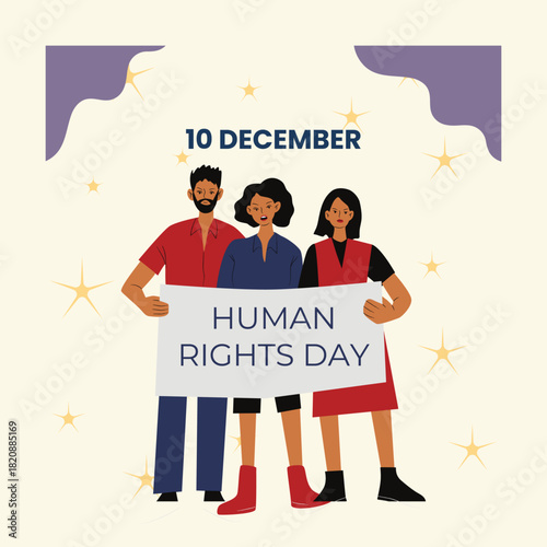 vector design for Human Rights Day, featuring a raised fist, a protest sign, and a megaphone with floral accents.