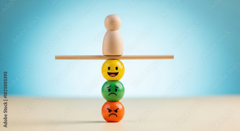 Fototapeta premium Wooden person delicately balances above a vibrant stack of happy, sad, and angry emoji blocks, symbolizing emotional feedback and mental well-being challenges