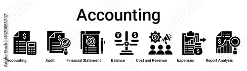 Accounting banner web icon vector illustration concept for business with icon of Accounting, Audit, Financial Statement, Balance, Cost And Revenue, Expenses, Report Analysis.