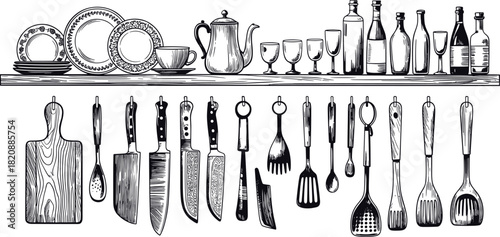 “Hand drawn kitchen tools illustration set featuring knives utensils cutting boards dishes glasses bottles cookware and accessories, detailed cooking vector collection”