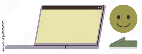 Open laptop with simplistic blank screen and a green smiling face. Ideal for digital connection, online learning, remote work, positivity, online communication, social networking, simple flat