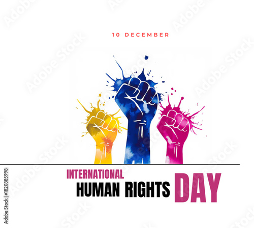 vector design for Human Rights Day, featuring a raised fist, a protest sign, and a megaphone with floral accents.