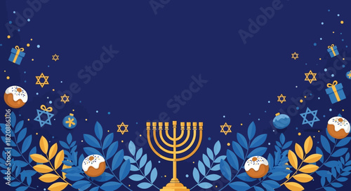 Elegant Hanukkah Blue Background with Golden Menorah and Festive Decorations