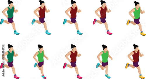 Colorful isometric woman running poses illustration set for fitness, marathon training, sports activity, workout motion sequence, health exercise design