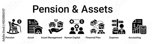 Pension & Assets banner web icon vector illustration concept for business with icon of Pension, Asset, Asset Management, Human Capital, Financial Plan, Expense.