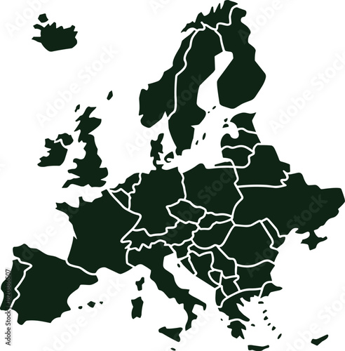 Green Europe map vector illustration, detailed political country borders silhouette, editable geographic continent design for education, travel, infographics and global projects