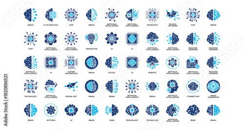 Artificial intelligence icon set collection. Containing thought, mind, cog, intelligence, touch, brain, contact .Solid vector icons collection