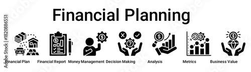 Financial Planning banner web icon vector illustration concept for business with icon of Financial Plan, Financial Report, Money Management, Decision Making, Analysis, Metrics, Business.