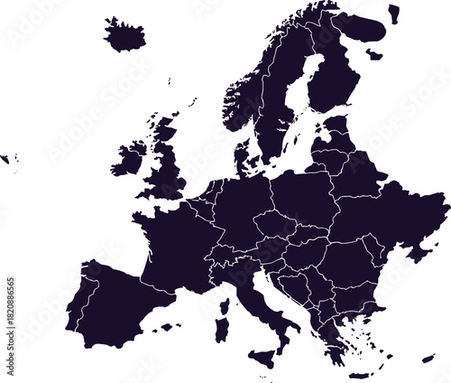 Detailed Europe map vector illustration, political country borders silhouette, editable geographic continent design for education, travel, infographics and global projects