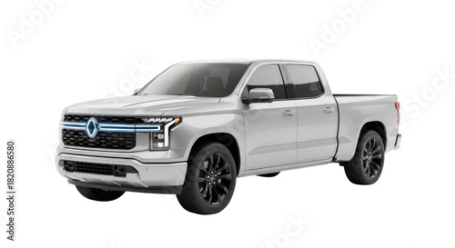 Modern White Electric Pickup Truck Isolated on Transparent PNG Background