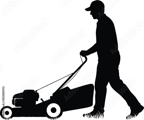 Silhouette of a person pushing a lawn mower while cutting grass outdoors, representing gardening, yard maintenance, landscaping work, and outdoor chores.