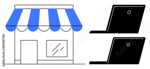 Shopfront with blue awning next to two black laptops, symbolizing e-commerce, retail, technology, online marketplace, entrepreneurship, virtual business, and digital marketing. Flat and simple