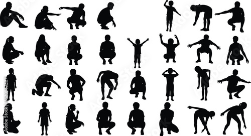 Silhouette collection of children in various sitting, squatting, and bending poses, active kids illustration, outdoor movement, body posture set