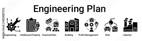 Engineering Plan banner web icon vector illustration concept for business with icon of Engineering, Intellectual Property, Financial Plan, Building, Profit Management, Risk.