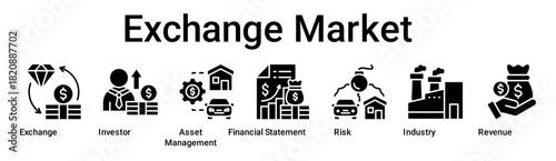 Exchange Market banner web icon vector illustration concept for business with icon of Exchange, Investor, Asset Management, Financial Statement, Risk, Industry.