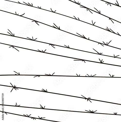 Lines with thorns or needles imitate barbed wire or plant stems.