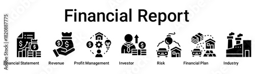 Financial Report banner web icon vector illustration concept for business with icon of Financial Statement, Revenue, Profit Management, Investor, Risk, Financial Plan.