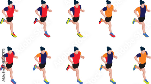 Isometric running man illustration set, athletic male runner poses, colorful sports outfit variations, fitness activity graphics, modern vector design