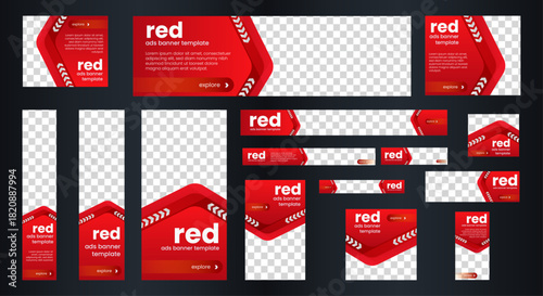 Set bundle of ads banner template design with red background. vector	