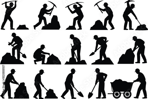 Silhouettes of construction workers using tools, digging and breaking rocks, labor workforce illustration for mining, industry, engineering, infrastructure, and manual labor themes.