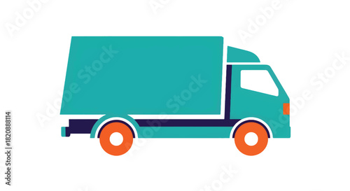 A flat design illustration of a delivery truck in teal, dark blue, and orange, symbolizing logistics, shipping, and transport services on a clean white background.