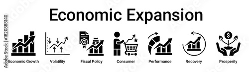 Economic Expansion banner web icon vector illustration concept for business with icon of Economic Growth, Volatility, Fiscal Policy, Consumer, Business Performance, Recovery.