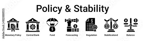 Policy & Stability banner web icon vector illustration concept for business with icon of Monetary Policy, Central Bank, Fund, Forecasting, Regulation, Stabilization.
