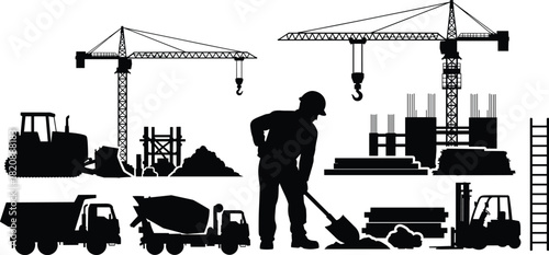 Silhouettes of construction workers, cranes, trucks, and heavy machinery at building site, industrial equipment and labor performing excavation, loading, and structural tasks