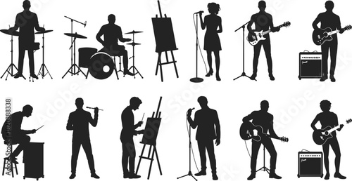 Silhouettes of musicians and artists performing with drums, guitars, microphones, and easels, creative people engaged in music and art activities