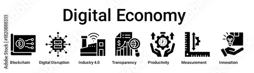 Digital Economy banner web icon vector illustration concept for business with icon of Blockchain, Digital Disruption, Industry 4.0, Transparency, Productivity, Measurement.