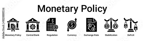 Monetary Policy banner web icon vector illustration concept for business with icon of Monetary Policy, Central Bank, Regulation, Currency, Exchange Rate, Stabilization.