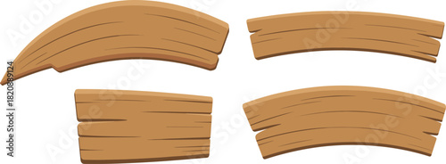 Set of cartoon wooden sign planks with rustic textures, curved and broken shapes, empty wood boards for game UI and decorative design
