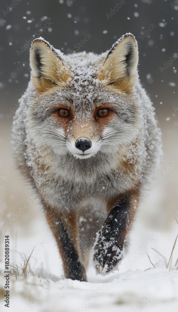 Naklejka premium Majestic Red Fox Gracefully Walking Through a Winter Wonderland with Soft Snowfall All Around It