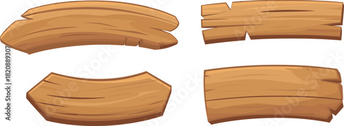 Set of cartoon wooden sign planks with rustic textures, curved and broken shapes, empty wood boards for game UI and decorative design