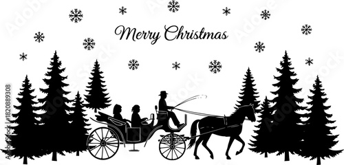 Festive merry christmas silhouette design featuring evergreen trees and a horse drawn carriage illustration
