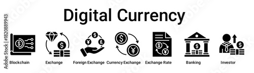 Digital Currency banner web icon vector illustration concept for business with icon of Blockchain, Exchange, Foreign Exchange, Currency Exchange, Exchange Rate, Banking.