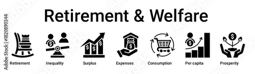 Retirement & Welfare banner web icon vector illustration concept for business with icon of Retirement, Inequality, Surplus, Expenses, Consumption, Per capita.
