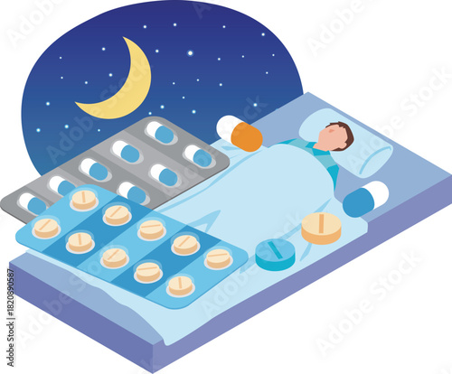 睡眠薬を飲んで眠る男性