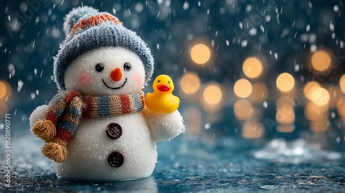 Snowman holding a rubber duck on a snowy day with festive lights in the background