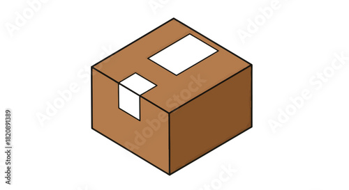 A simple isometric illustration of a brown cardboard shipping box with white labels, isolated on a white background. Perfect for delivery, packaging, and e-commerce concepts.