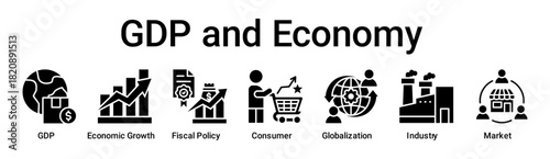 GDP and Economy banner web icon vector illustration concept for business with icon of GDP, Economic Growth, Fiscal Policy, Consumer, Globalization, Industry.